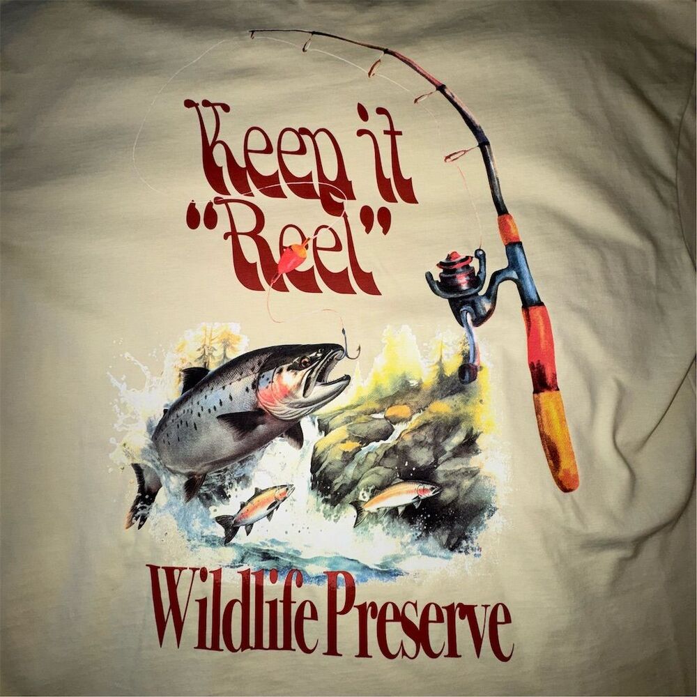 American Garage Men's Ivory Graphic Print Fishing T-Shirt M / L "Keep it Reel"‎